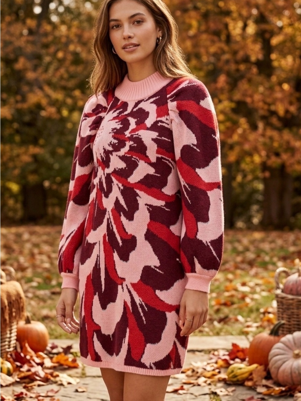 FARM RIO for NUULY Floral Intarsia Knit Long-Sleeve Dress in Pink and Red